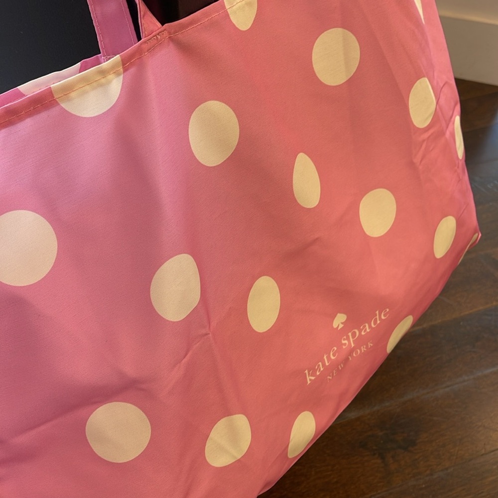 Kate Spade Soft Pink-White Polka Dots Canvas Tote XL Reusable Shopping Beach Bag - Picture 13 of 16